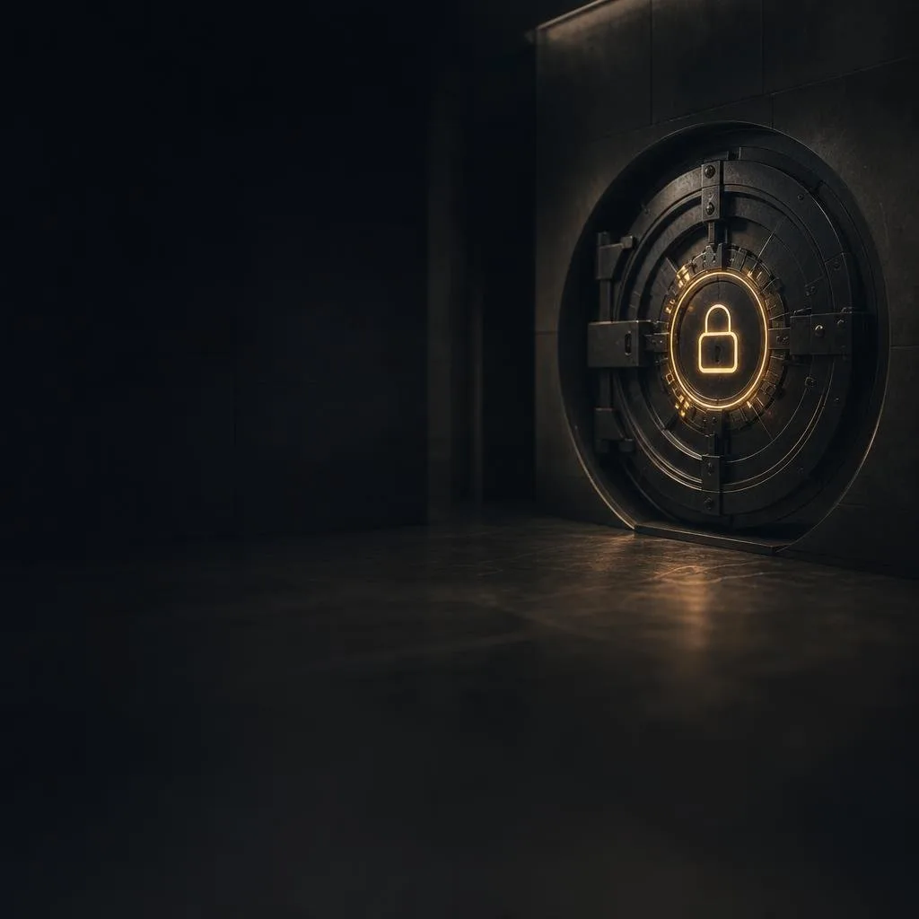Hardware security vault with a glowing neon lock